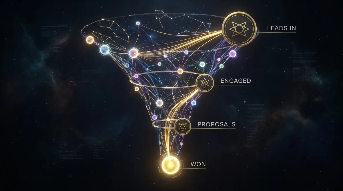 Enquiry funnel visualised as a constellation of glowing conversion stars